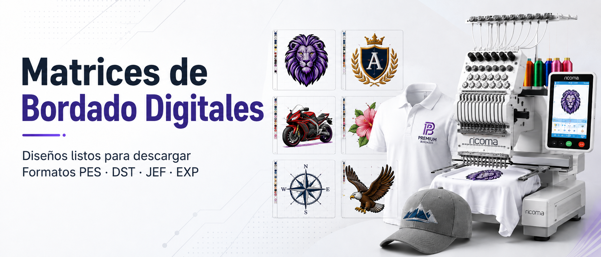 Matrices de bordado digitales listas para descargar en formatos PES, DST, JEF y EXP