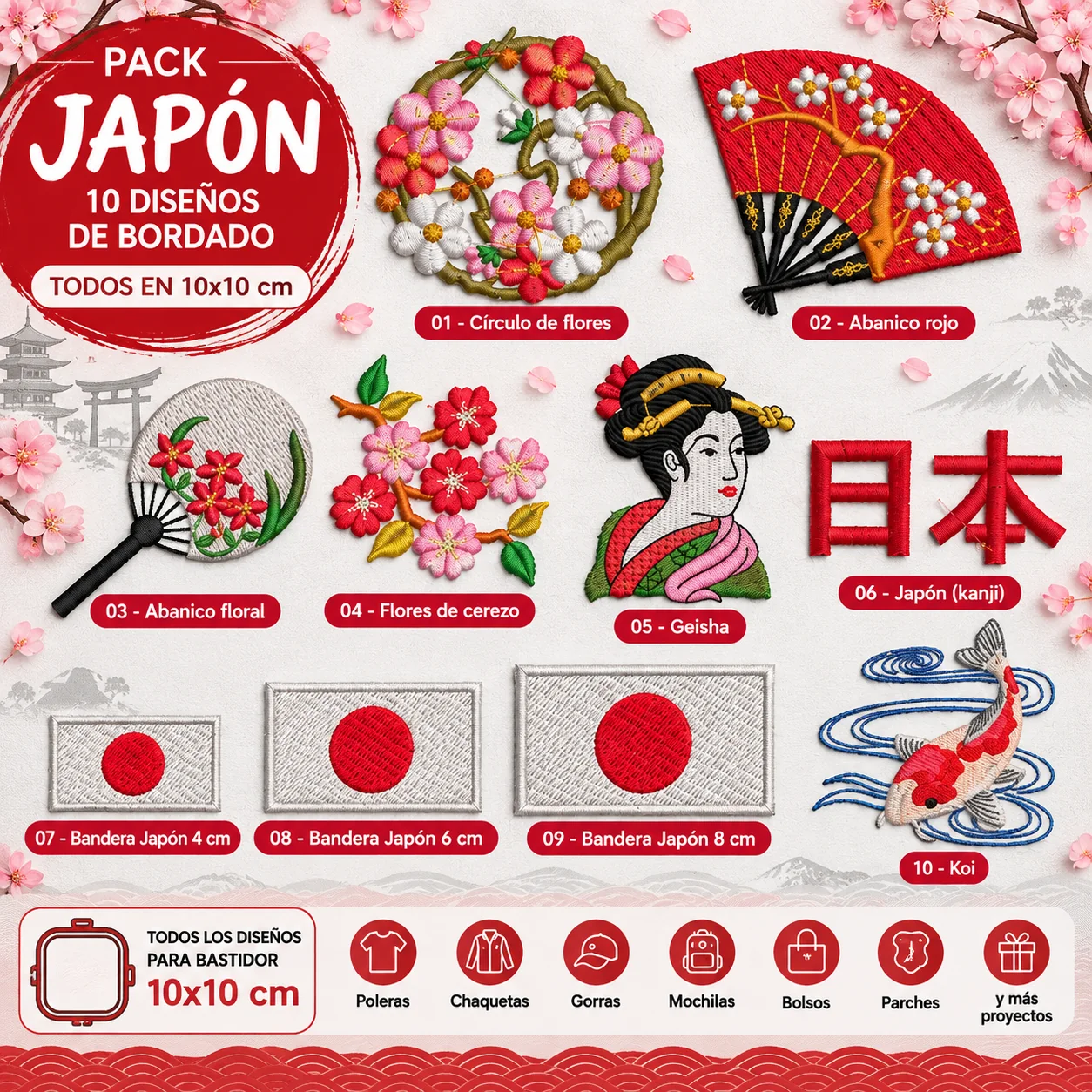 10 Matrices Pack Japón para Bordado