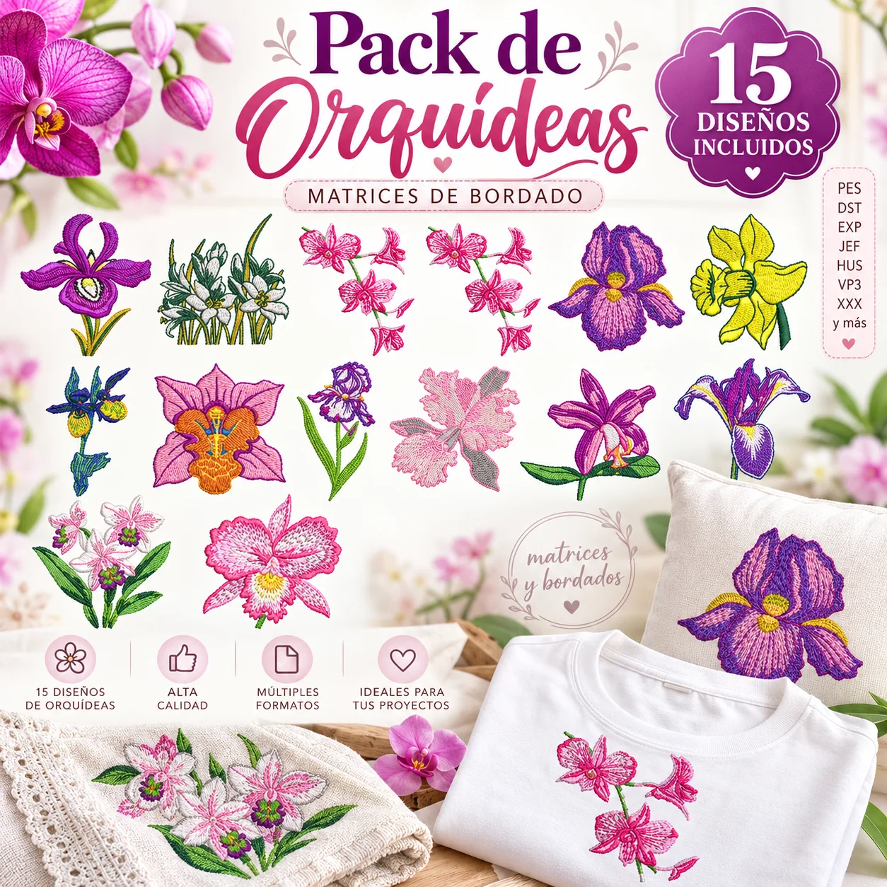 14 Matrices de Orquídeas para Bordado