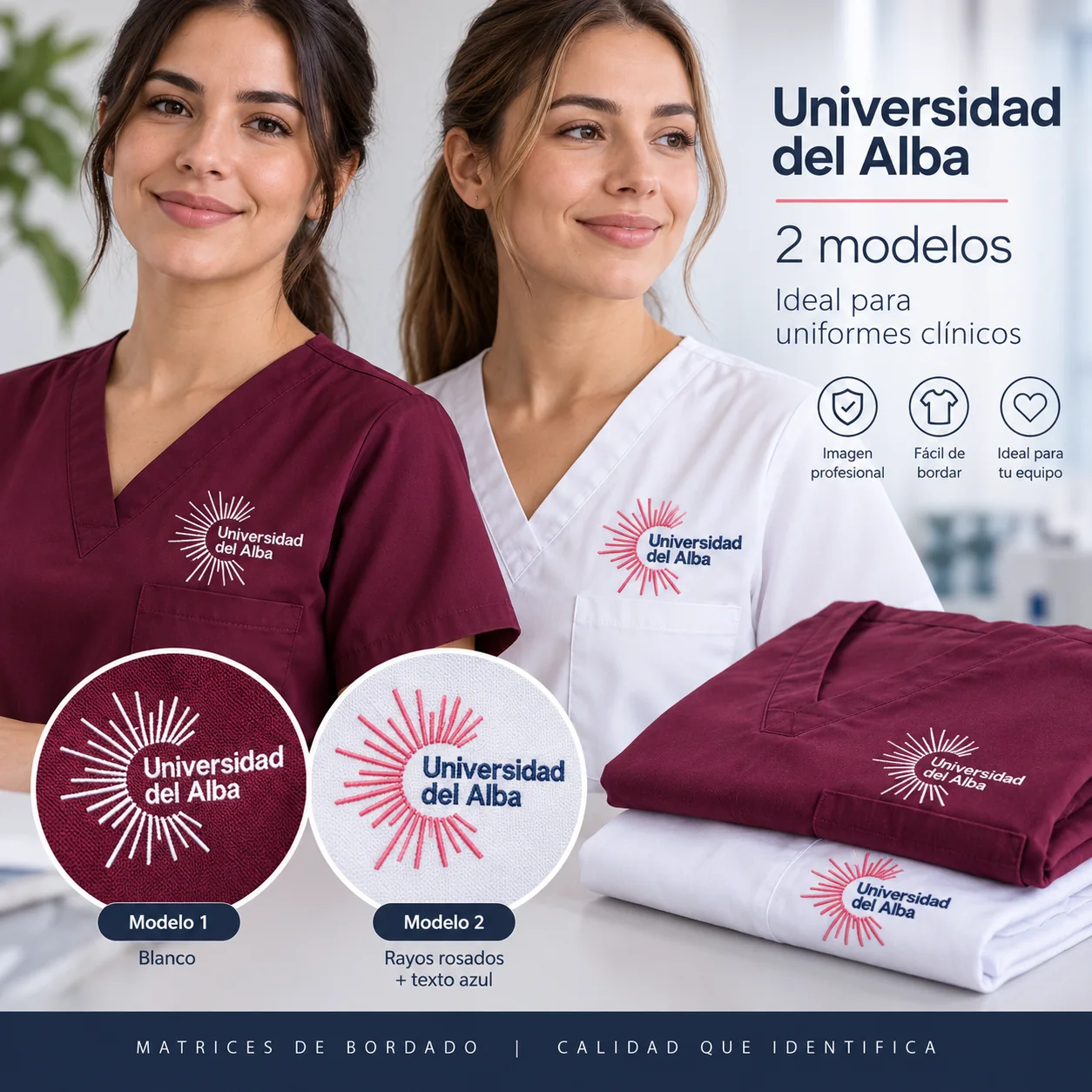 2 matrices Universidad del Alba para uniformes clínicos