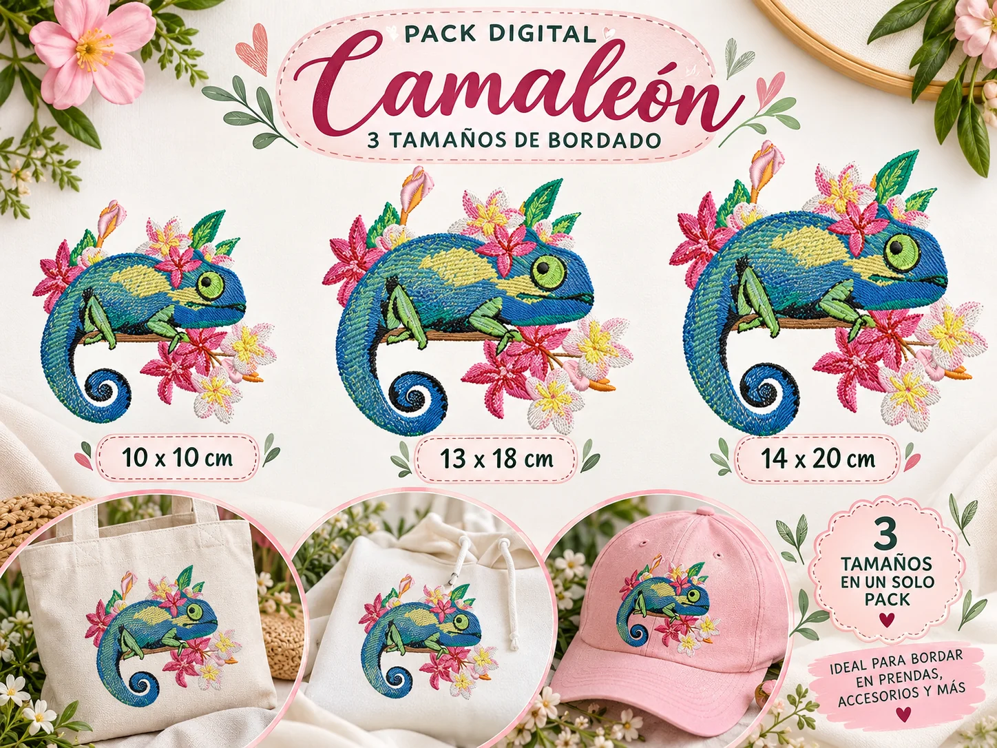3 Matrices Camaleón Floral para Bordado