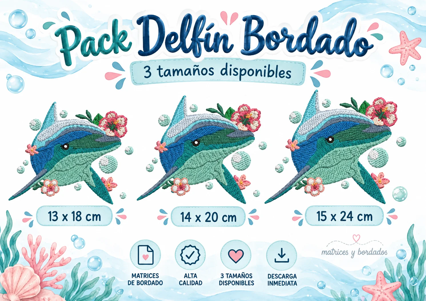 3 Matrices Delfín Floral para Bordado