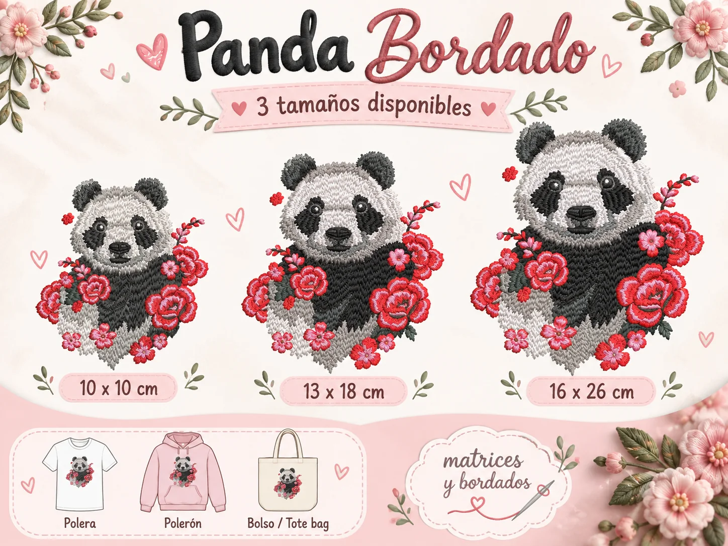 3 Matrices Panda Floral para Bordado