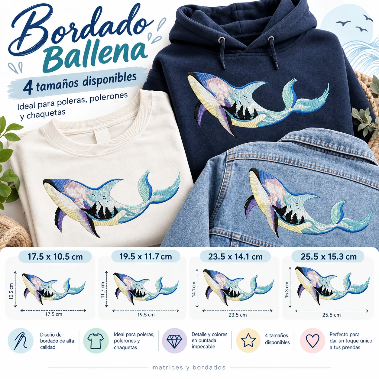 4 Matrices Ballena para Bordado en Prendas