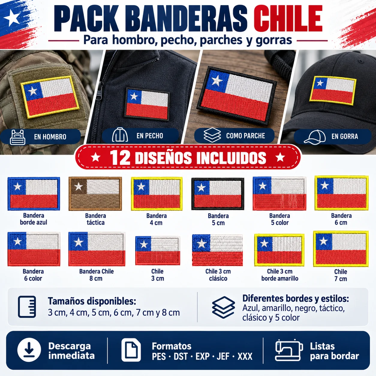 Pack 12 Matrices Bandera de Chile para Bordado