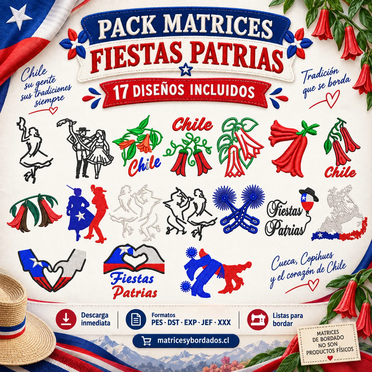 Pack 17 Matrices Fiestas Patrias Chile para Bordado