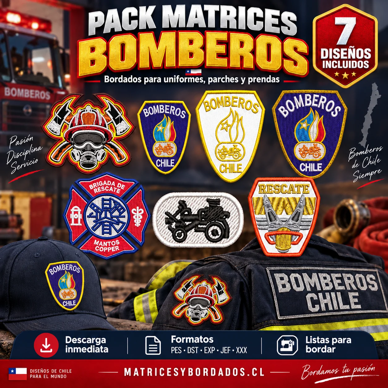 Pack 7 Matrices Bomberos Chile para Bordado