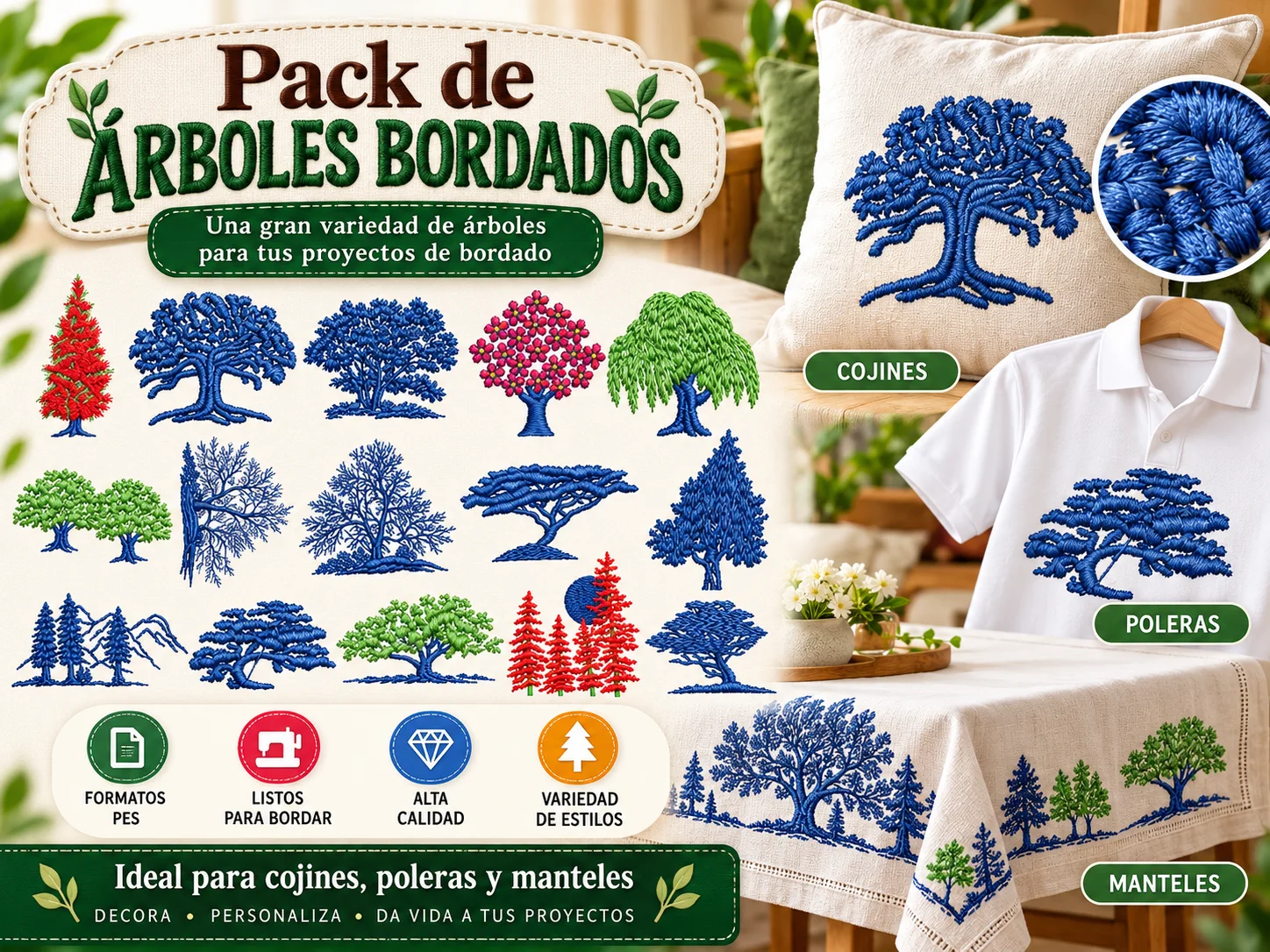 Pack Árboles Bordados para Cojines, Poleras y Manteles