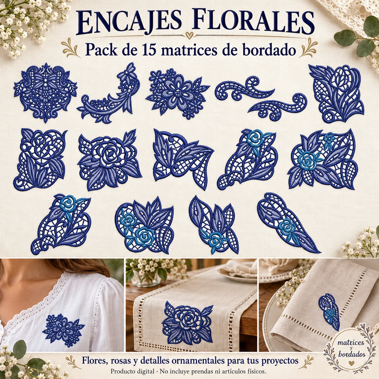 Encajes Florales – Pack de 15 matrices de bordado de flores y rosas