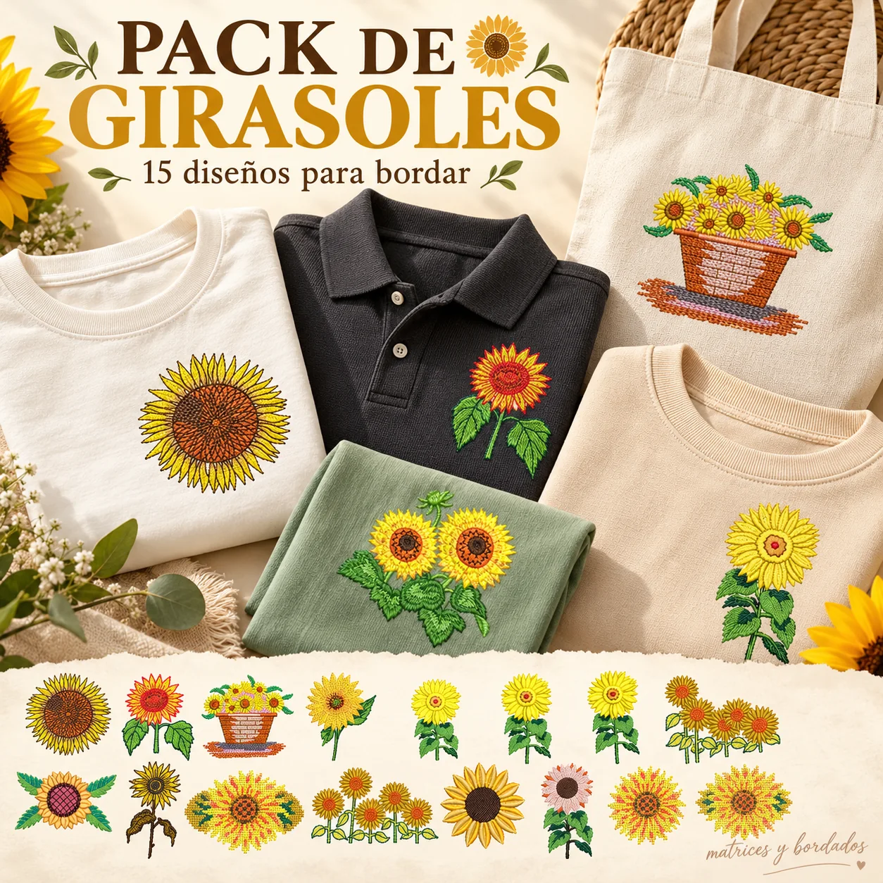 Pack de 15 matrices de bordado de girasoles