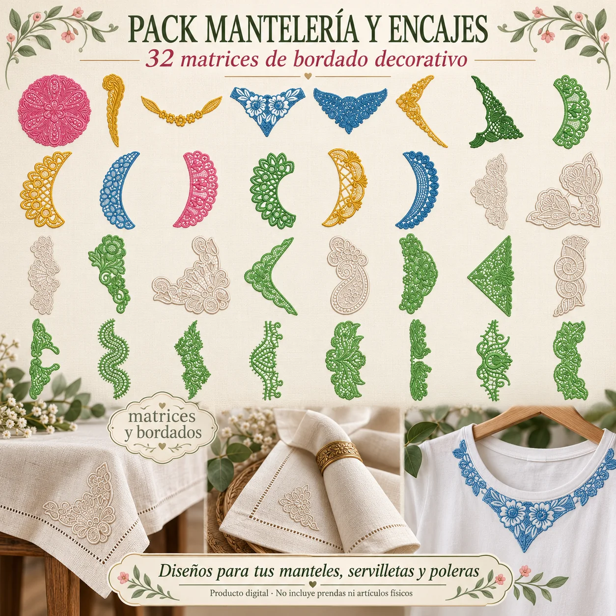 Pack Mantelería y Encajes – 32 matrices de bordado decorativo