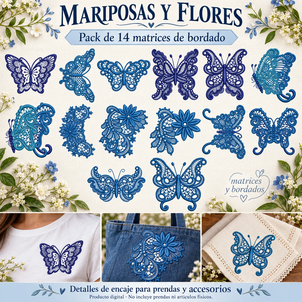 Mariposas y Flores – Pack de 14 matrices de bordado