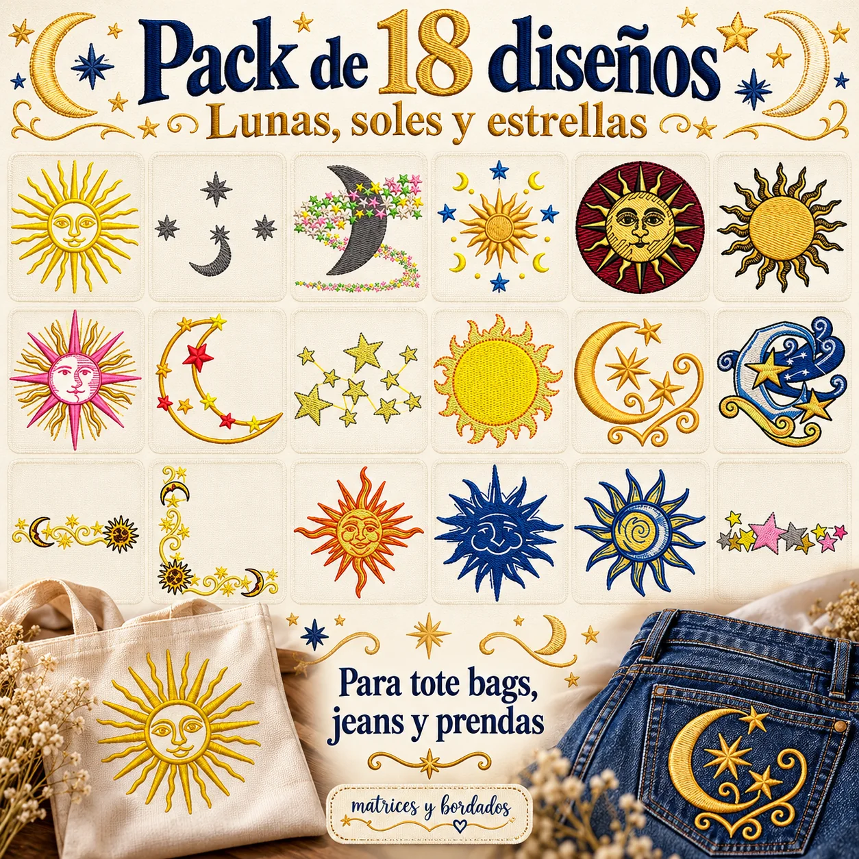 Pack de 18 matrices de bordado: lunas, soles y estrellas